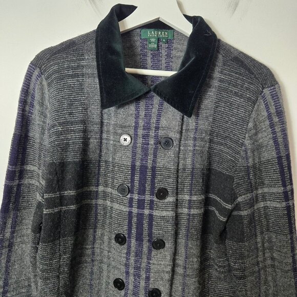Lauren Ralph Lauren Size XL Double Breasted Lambs Wool Blazer Velvet Collar Gray - Picture 3 of 8